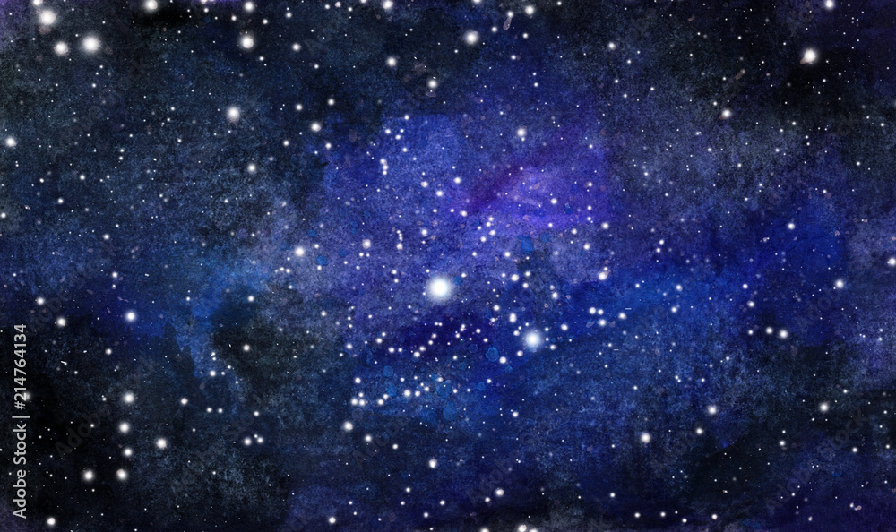 Cosmic background. Colorful watercolor galaxy or night sky with stars. Hand drawn cosmos illustration. 