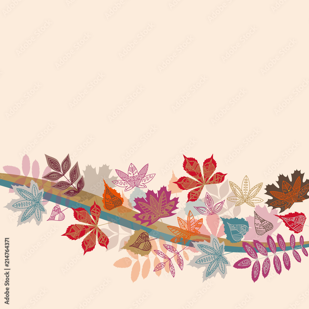 Hand drawn autumn typography poster with colorful leaves in flat style. Vector illustration for Thanksgiving day, greeting cards, invitations. Seasonal frame, border for sale, web banner template