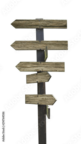 Wooden Arrows Direction Sign Post Isolated On White Background