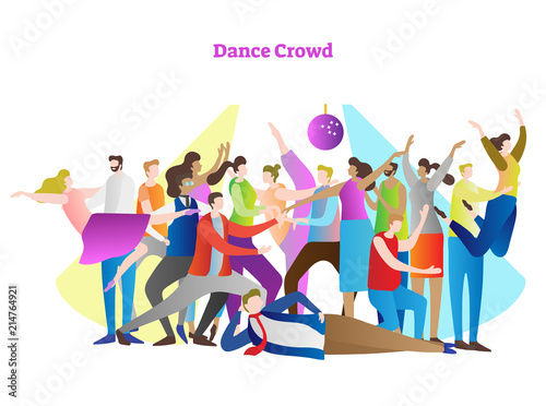 Dance crowd vector illustration. Adult friends and couples enjoying life  club  celebration and active entertainment. Disco light  beam and colorful  modern  casual style