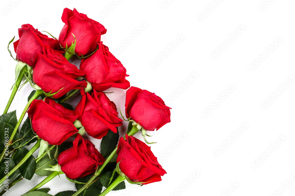 beautiful red rose with leaves isolated on white background with copy space for your text. Top view. Flat lay pattern beautiful red rose with leaves isolated on white background with copy space for your text. Top view. Flat lay pattern