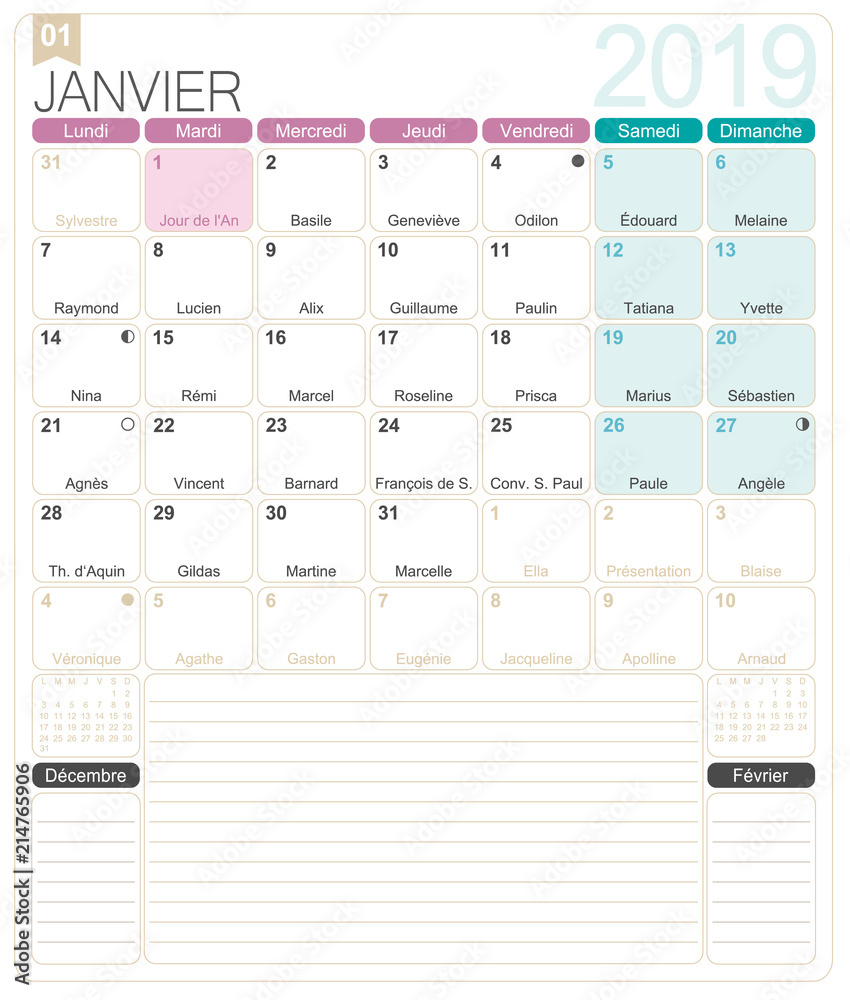 french calendar january 2019 french printable monthly calendar template including name days lunar phases and official holidays stock vector adobe stock