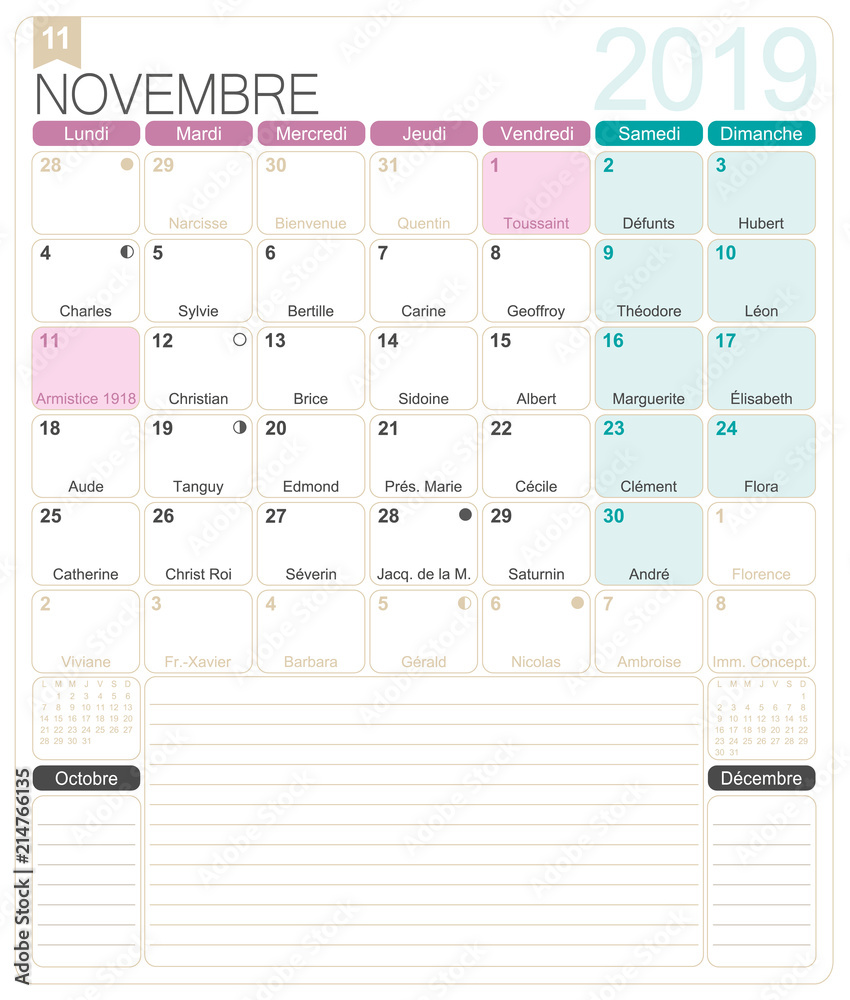 french calendar november 2019 french printable monthly calendar template including name days lunar phases and official holidays stock vector adobe stock