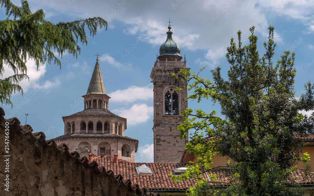 A view of the church's dome and a bell tower through the branches of a tree. Bergamo, Italy. In the foreground there is a tiled roof