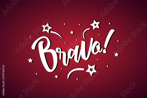 Bravo lettering card, banner. Beautiful greeting scratched calligraphy white text word stars. Hand drawn invitation print design. Handwritten modern brush red background isolated vector