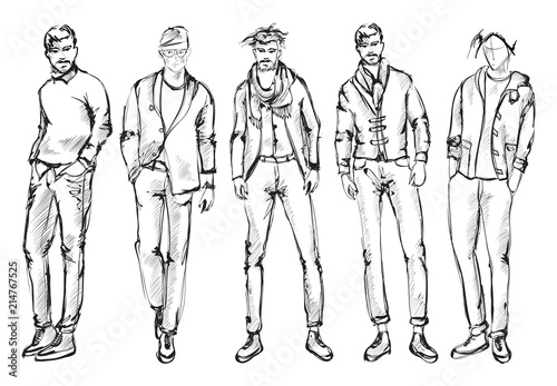 Fashion man. Set of fashionable men's sketches on a white background. Spring men.