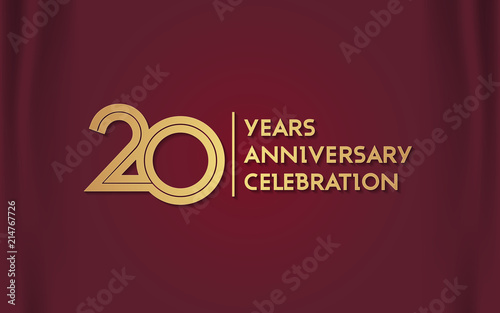 Fototapeta Naklejka Na Ścianę i Meble -  20 Years Anniversary Logotype with  Golden Multi Linear Number Isolated on Red Curtain Background