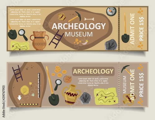 Archaeological museum ticket vector template set