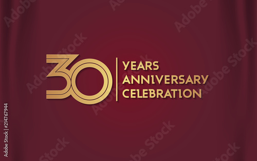 30 Years Anniversary Logotype with  Golden Multi Linear Number Isolated on Red Curtain Background