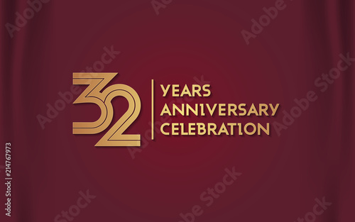 32 Years Anniversary Logotype with  Golden Multi Linear Number Isolated on Red Curtain Background