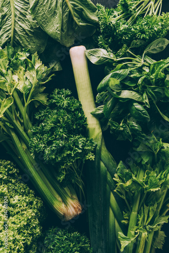 Принти на полотні top view of green vegetables and herbs on table