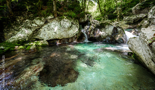 Idyllic mountain river in Lepena valley, Soca - Bovec Slovenia. photo