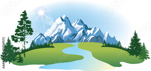 Vector morning mountain and valley with river