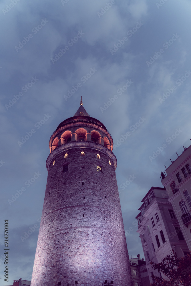 Night view over Galata Tower(Turkish: Galata Kulesi) (Galata Kulesih) Christea Turris is a medieval famous landmark stone tower architecture, in beyoglu, Istanbul.ISTANBUL/TURKEY- FEBRUARY 18,2017