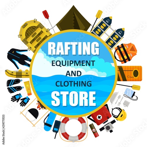 Vector rafting equipment and clothing store emblem