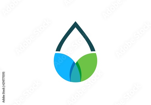 water drop leaf logo symbol shape, blue and green waterdrop spring icon concept, dew water and botany sign vector logo design template photo