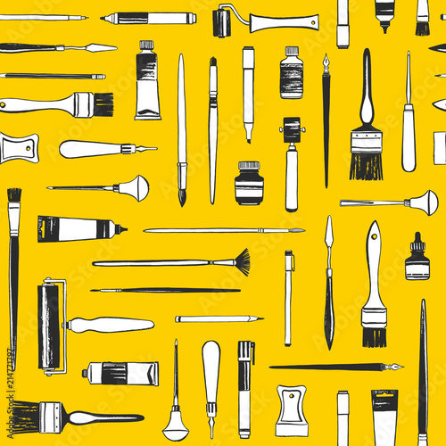 Art supplies, printmaking tools, painter equipment seamless vector pattern. Flat lay illustration, yellow background, texture. Uneven hand drawn brush, pen, marker, roller, cutter, crayon, paint tube.