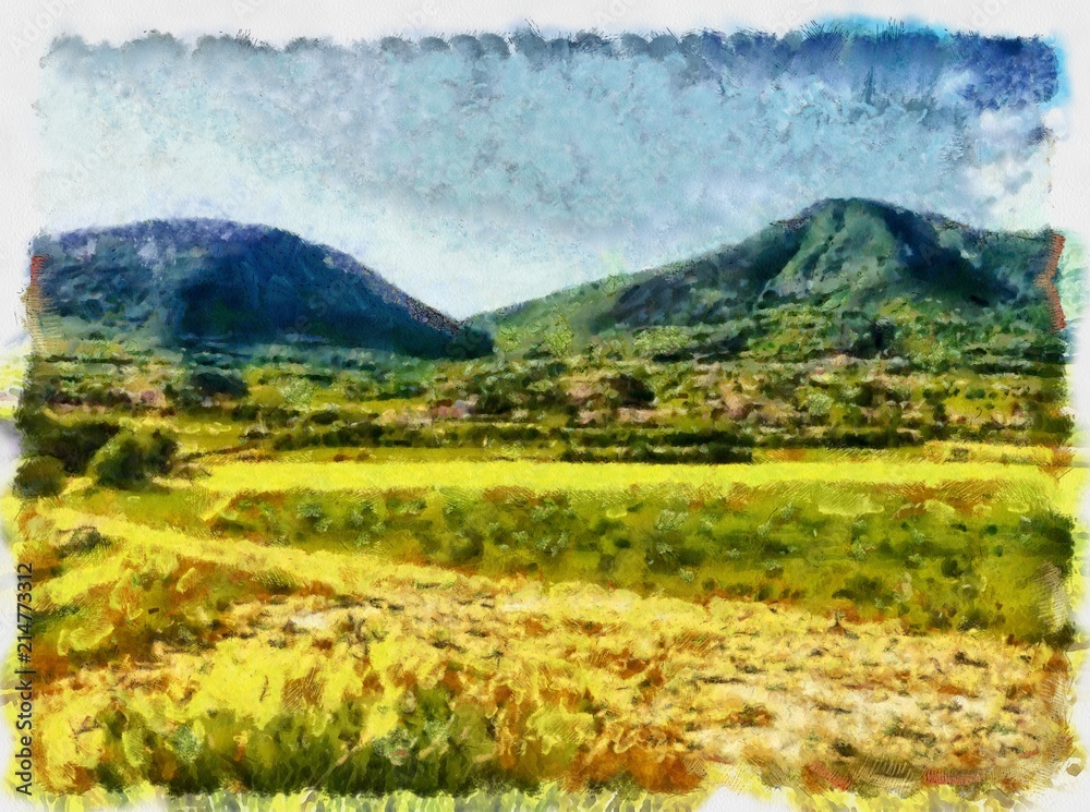 Hand drawing watercolor art on canvas. Artistic big print. Original modern painting. Acrylic dry brush background. Wonderful hilly landscape with a bright sky and clouds. Hand drawing watercolor art on canvas. Artistic big print. Original modern painting. Acrylic dry brush background. Wonderful hilly landscape with a bright sky and clouds.