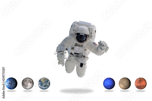 Astronaut in outer space with planets. Minimal art. Elements of this image furnished by NASA.