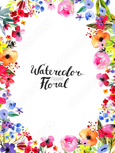 Watercolor Floral Background. Hand painted border of flowers. Good for invitations and greeting cards. Frame isolated on white and brush lettering. Rose, poppy and peony illustration Spring blossom