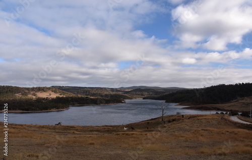 Lake Lyell with Coxs River on a cloudy day winter time. Horses on the field of grass. photo