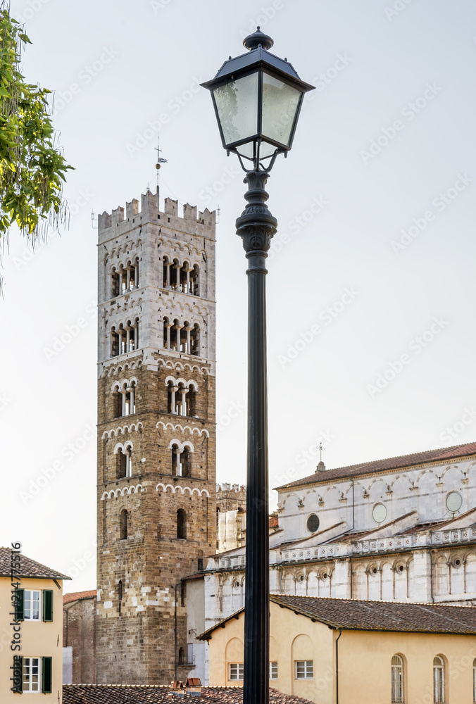 Obraz premium The bell tower of the Cathedral of San Martino in Lucca seen from the ancient walls, Tuscany, Italy