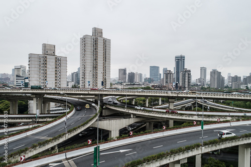 Aerial view of highway and overpass in east Yan`an road, Shanghai city