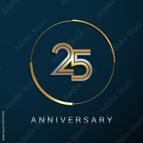 25 Years Anniversary Logotype with  Gold and Silver Multi Linear Number in a Golden Circle , Isolated on Dark Background