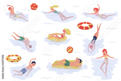 Flat vector set of swimming people. Young boys and girls in swimwear. Active recreation at sea. Summer holiday