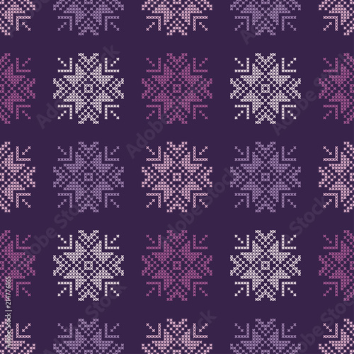Cross stitch Norwegian snowflakes. Seamless vector background. Folk motives. Winter pattern. Textile rapport.