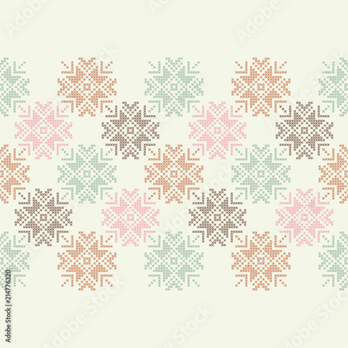 Cross stitch Norwegian snowflakes. Seamless vector background. Folk motives. Winter pattern. Textile rapport.
