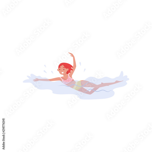 Cheerful teenager girl swimming in the sea. Summer outdoor activity. Kid with happy face. Flat vector illustration