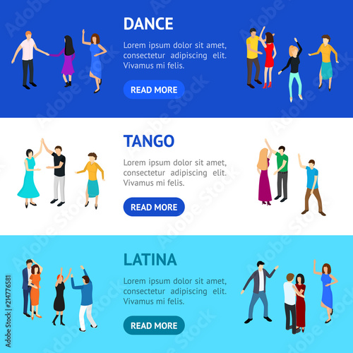 Isometric Dancing People Banner Horizontal Set. Vector