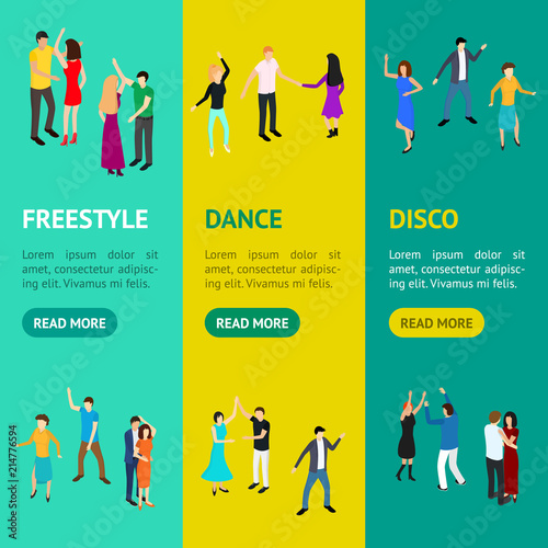 Isometric Dancing People Characters Banner Vecrtical Set . Vector