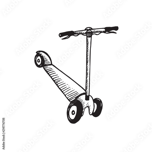 Kick scooter, hand drawn doodle, sketch, black and white vector outline illustration