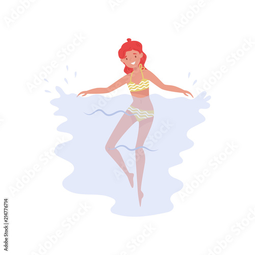 Beautiful girl swimming in the sea. Summer recreation. Red-haired woman with smiling face. Flat vector icon