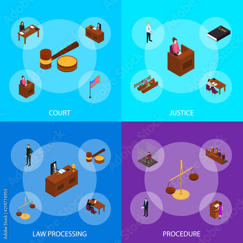 Court Session Concept Banner Set 3d Isometric View. Vector