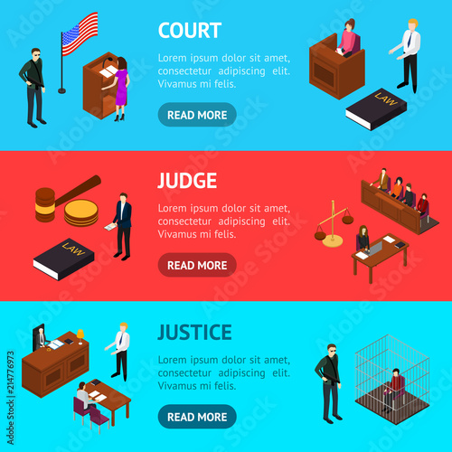 Court Session Concept Banner Horizontal Set 3d Isometric View. Vector