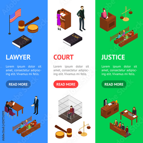 Court Session Concept Banner Vecrtical Set 3d Isometric View. Vector