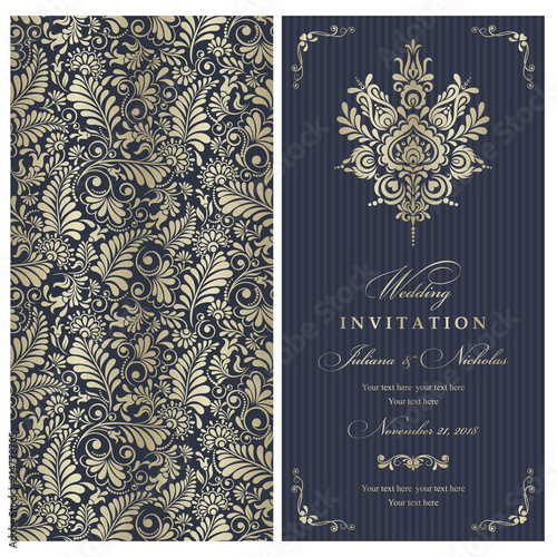Wedding invitation cards  baroque style blue and gold. Vintage  Pattern. Retro Victorian ornament. Frame with flowers elements. Vector illustration.