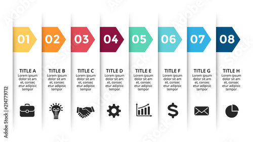 Vector paper arrows infographic, banners diagram, labels graph, stickers presentation chart. Business concept with 8 options, parts, steps, processes. Slide template.