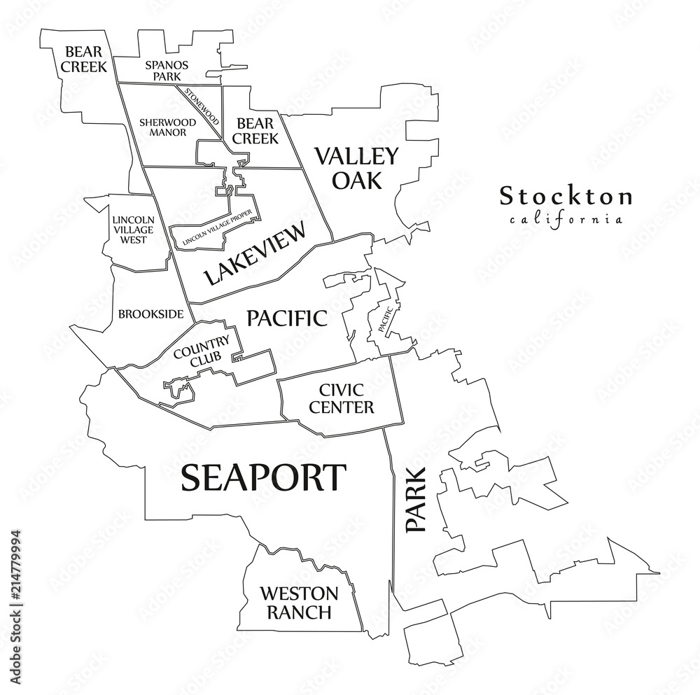 Modern City Map - Stockton California city of the USA with neighborhoods and titles outline map