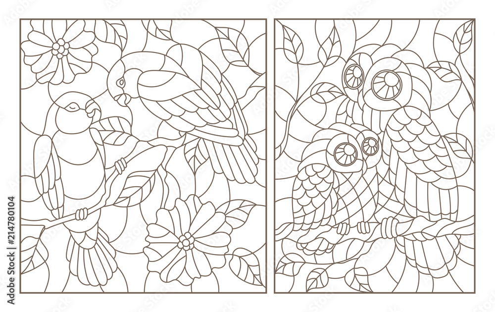 Obraz premium A set of contour illustrations in the style of stained glass with birds, a pair of parrots lovebirds and owl with owlet, dark contours on a white background
