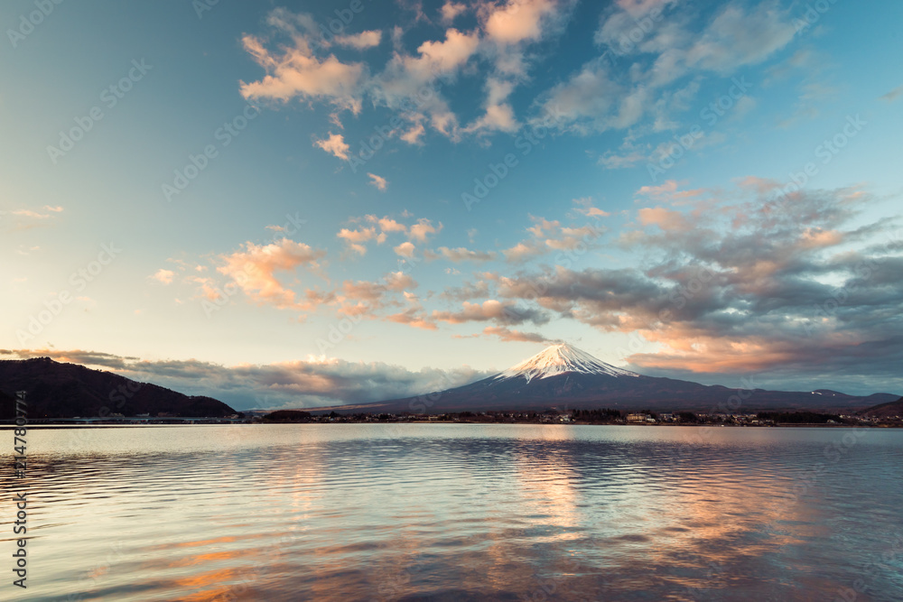Mount fuji at lake Kawaguchi in the morning time, Japan