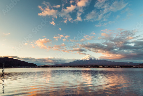 Mount fuji at lake Kawaguchi in the morning time, Japan