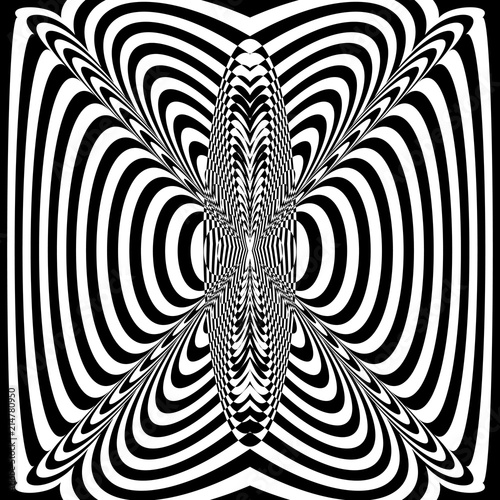 Abstract black and white striped background. Geometric pattern with visual distortion effect. Illusion of rotation. Op art.