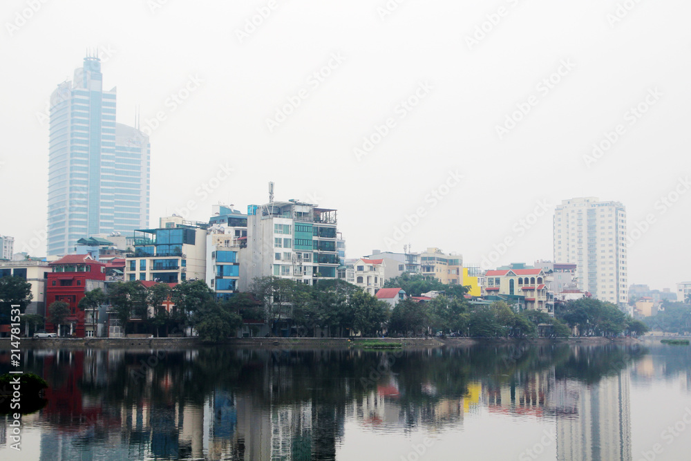 Naklejka premium A panorama of Hanoi around Truc Bach lake, Vietnam