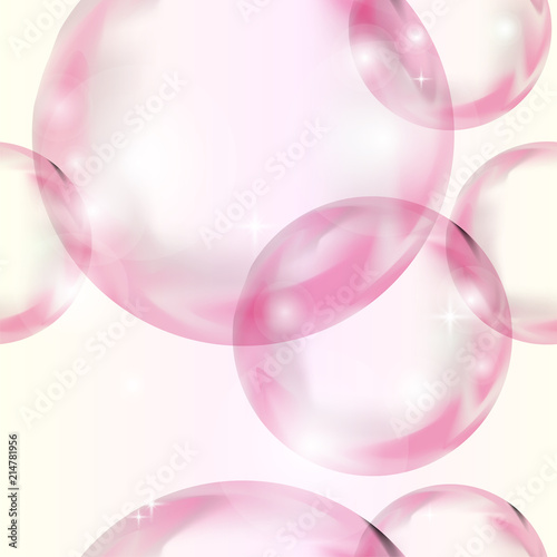 Square seamless vector background, abstract pattern with pink air soap glittering bubbles