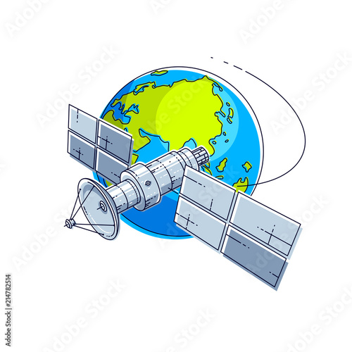 Communication satellite flying orbital spaceflight around earth, spacecraft space station with solar panels and satellite antenna plate. Thin line 3d vector illustration.