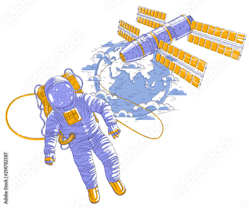 Spaceman flying in open space connected to space station and earth planet in background, astronaut man or woman in spacesuit floating in weightlessness and iss spacecraft behind him. Vector.
